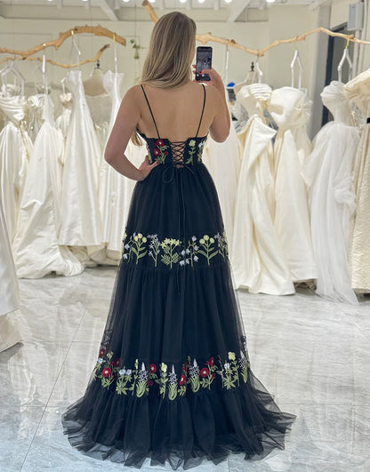 A-Line Long Tulle Prom Dress With Embroidery