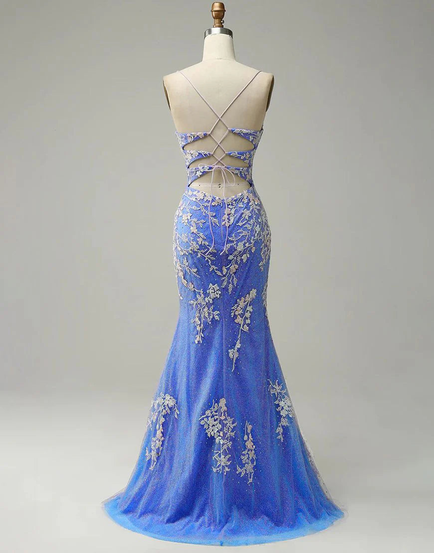 Mermaid V-neck Tulle Glitter Appliques Prom Dresses With Slit