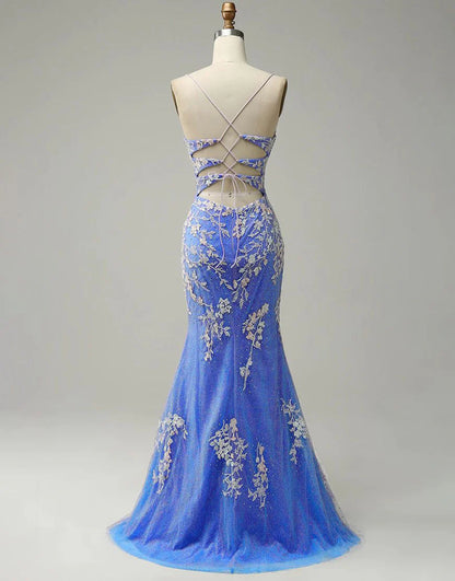 Mermaid V-neck Tulle Glitter Appliques Prom Dresses With Slit