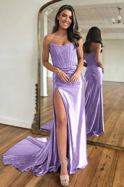 Sexy Lilac Strapless Off-the-Shoulder Split Fork Mopping The Floor Long Prom Dress With Split