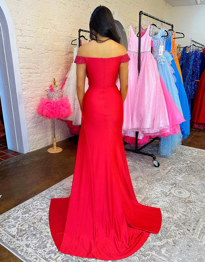 Mermaid Sequined Off The Shoulder Long Prom Dress With Slit
