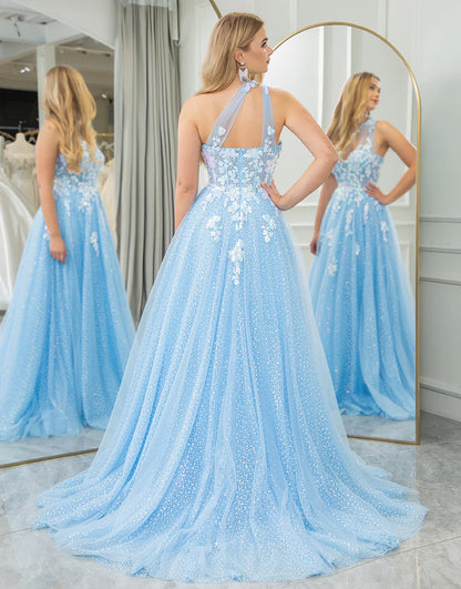 A Line One Shoulder Long Prom Dress With Appliques