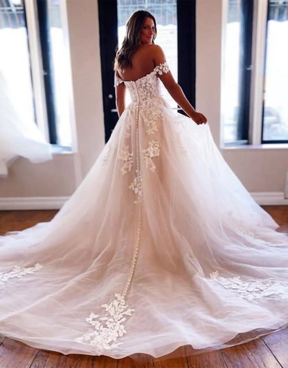 Off the Shoulder A Line Long Bridal Dress With Appliques