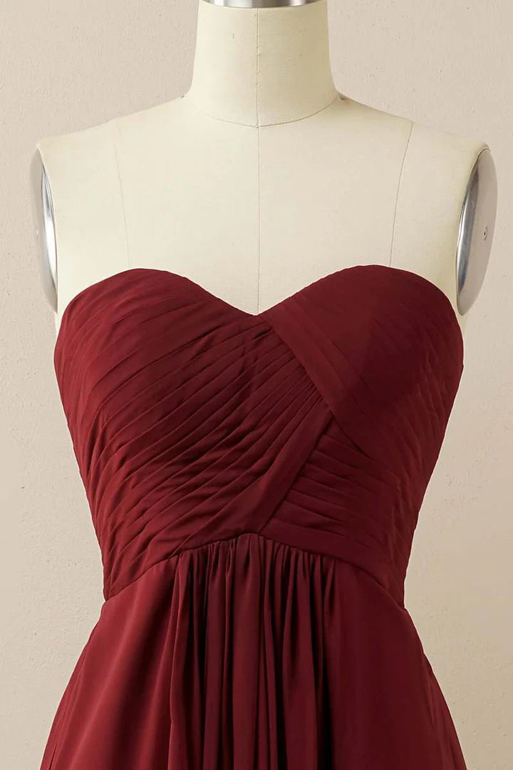 Burgundy Sweetheart Chiffon A-Line Off-the-Shoulder Pleats Bridesmaid Dress