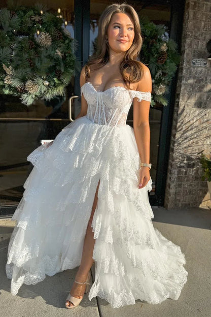 Sequin Appliques Off-the-Shoulder Ruffle Tiered Long Gown