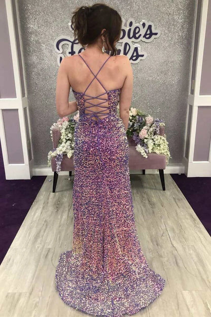 Sequin V-Neck Fringe Mermaid Long Prom Dress