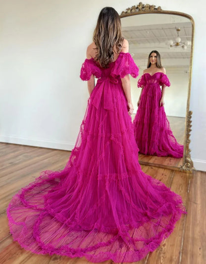 A Line Off The Shoulder Tulle Long Prom Dress