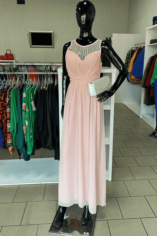 Blush Chiffon Round neck Beading Sleeveless Long Bridesmaid Dress ﻿