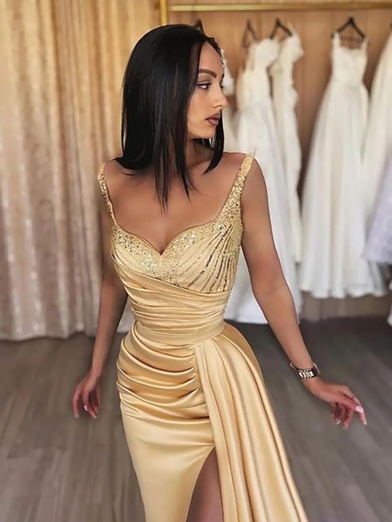 Sparkly Satin Sleeveless Long Prom Dress