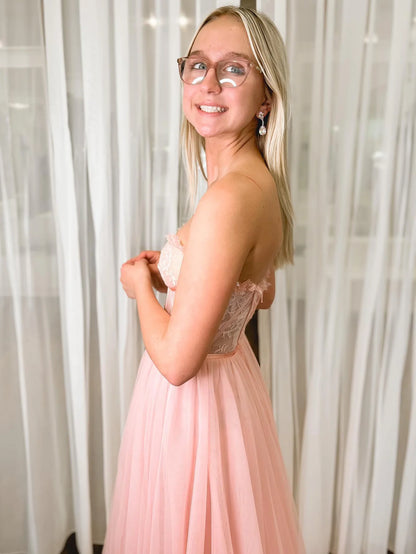 Strapless Lace A Line Long Prom Dress