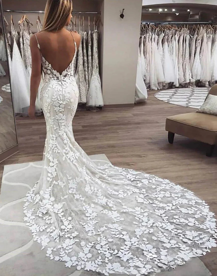 Spaghetti Straps Open Back Long Bridal Dress
