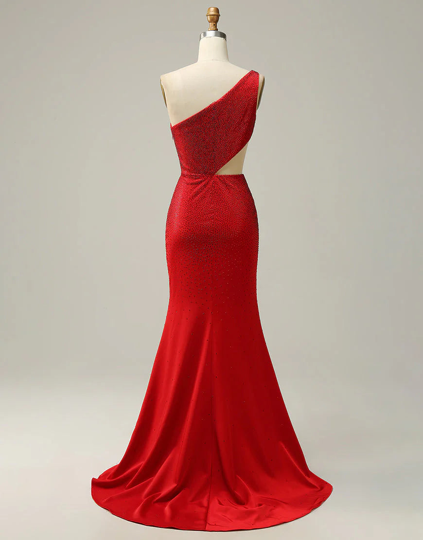 One Shoulder Red Mermaid Prom Dress With Hollow-Out