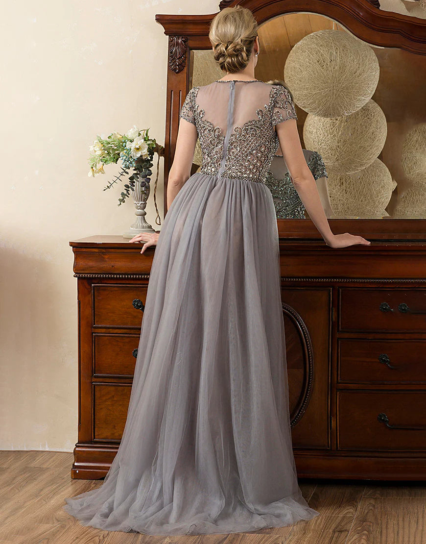 Grey Pink Mermaid Tulle Mother of the Bride Dress with Lace