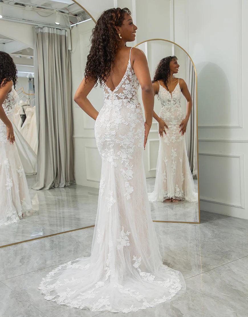 Mermaid V Neck Blackless Ivory Long Bridal Dress