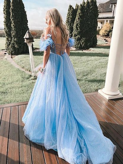 A Line Off the Shoulder Corset Long Prom Dress With Slit