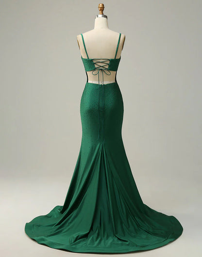 Mermaid Spaghetti Straps Dark Green Long Prom Dress with Beading