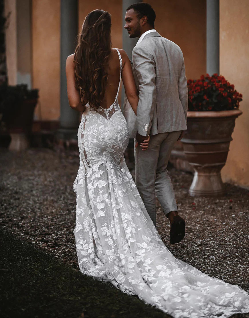 Mermaid Backless Boho Wedding Dress with V-neck