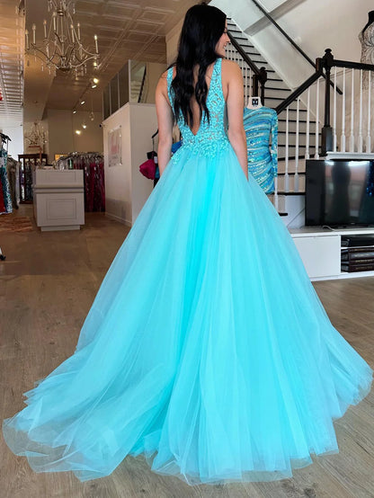 A Line V Neck Long Prom Dress With Appliques