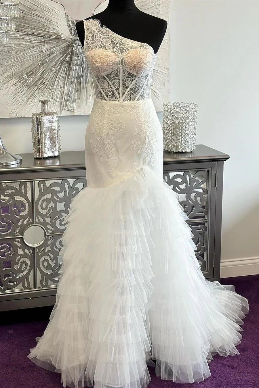 Lace One-Shoulder Tiered Mermaid Long Prom Dress