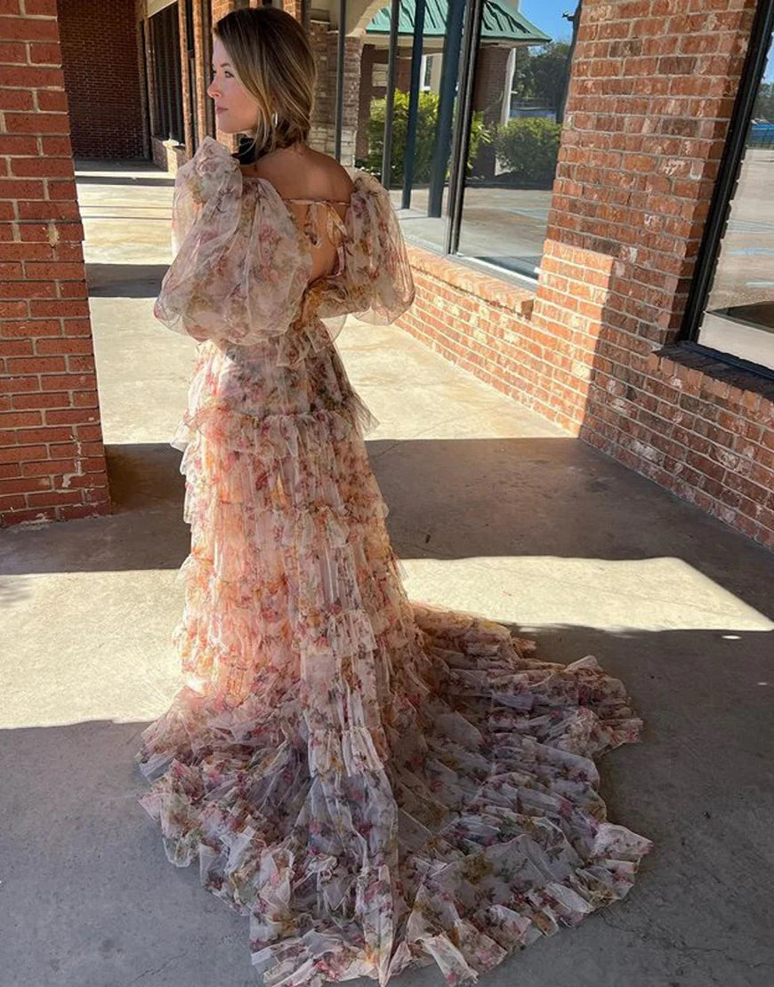 A Line Two Pieces Set Tulle Long Prom Dress