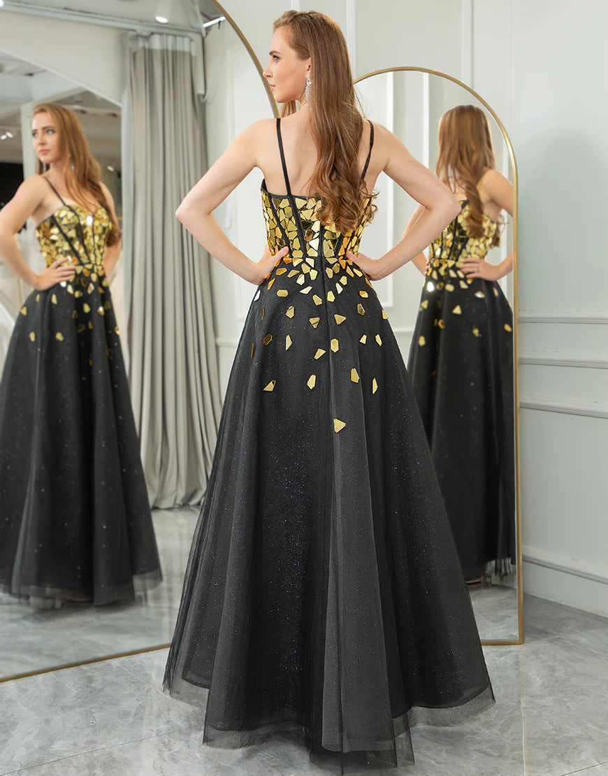 Sequins A Line Long Prom Dress With Mirror