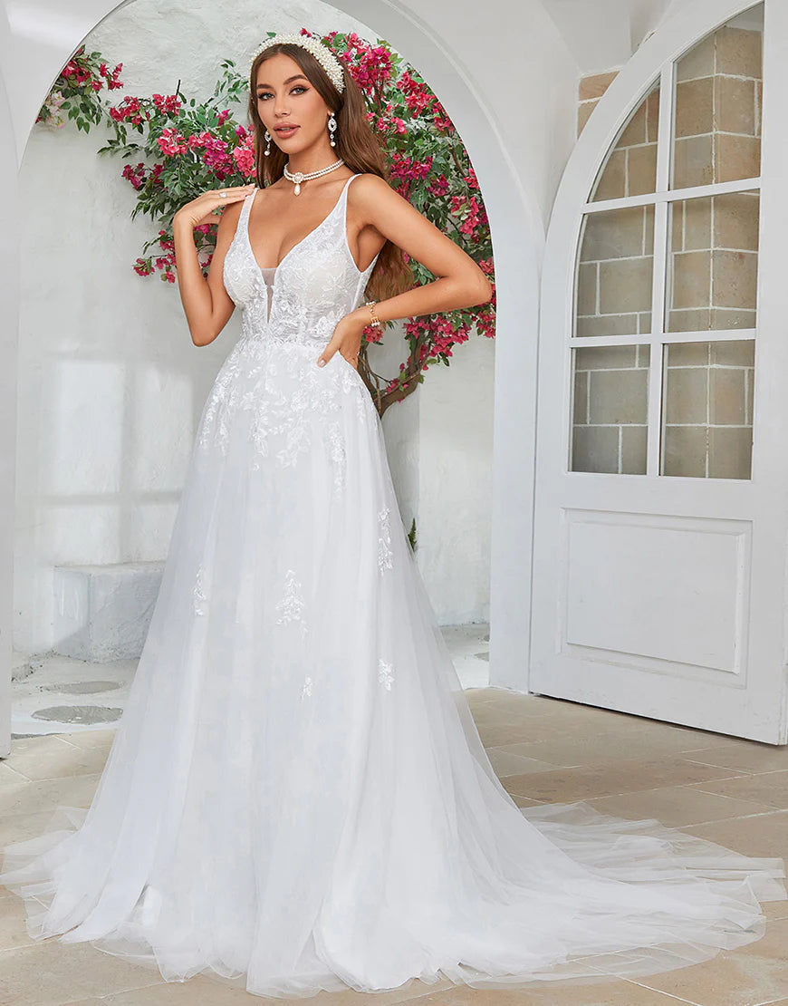 V-Neck Sweep Train Wedding Dress with Lace
