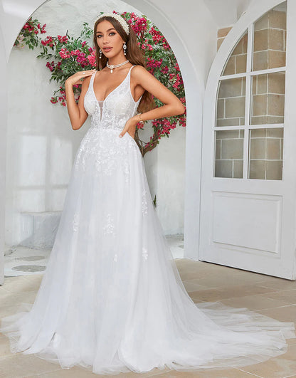 V-Neck Sweep Train Wedding Dress with Lace