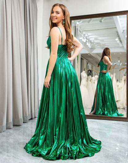 Sparkly Dark Green A-Line Cowl Neck Pleated Prom Dress With Slit