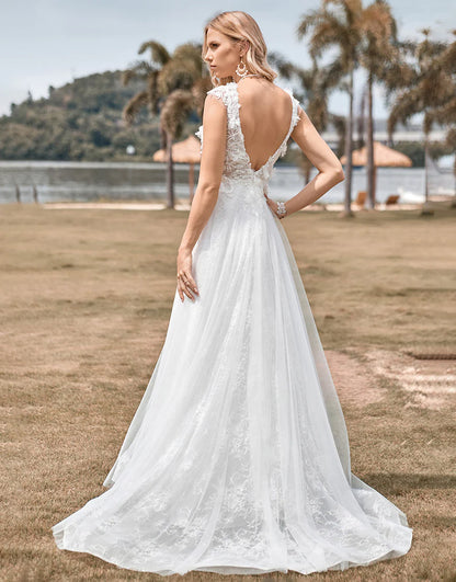 Sparkly Tulle Beaded Ivory Long A Line Wedding Dress