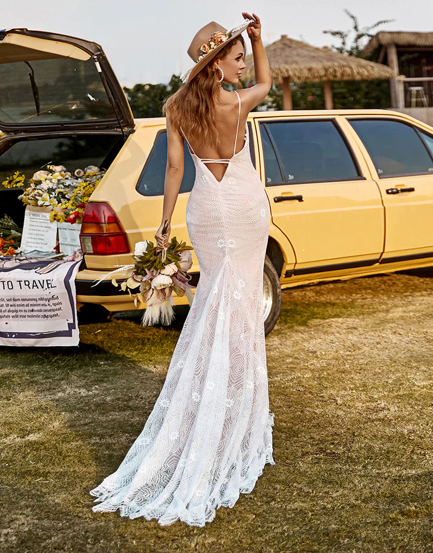 Spaghetti Straps Beach Wedding Dress With Sweep Train