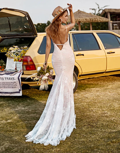 Spaghetti Straps Beach Wedding Dress With Sweep Train