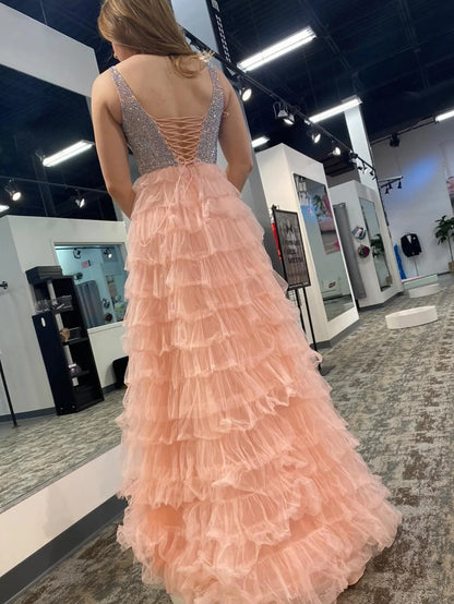V Neck A Line Long Prom Dress With Beading