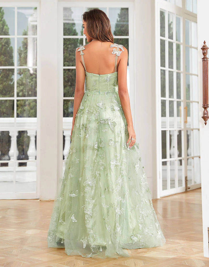 Butterflies Appliques Green Long Prom Dress With Slit