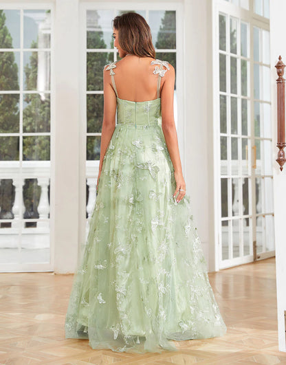 Butterflies Appliques Green Long Prom Dress With Slit