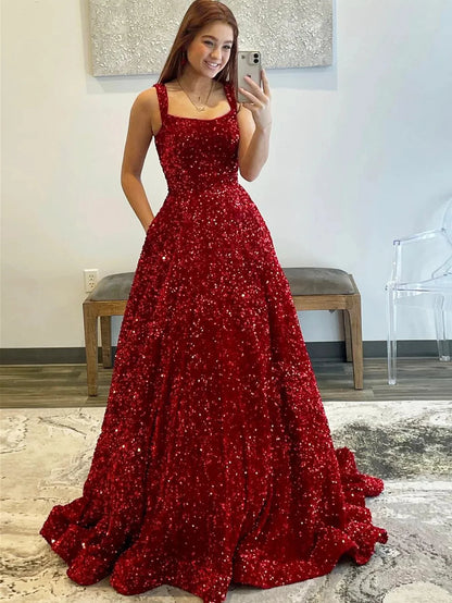 Sequin Sparkly A Line Long Prom Dress