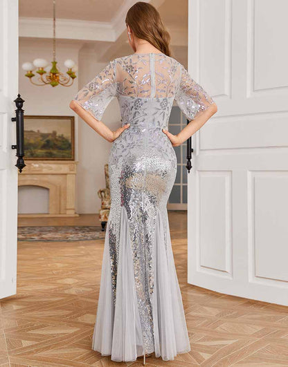 Grey Sequined Mermaid Wedding Guest Dress