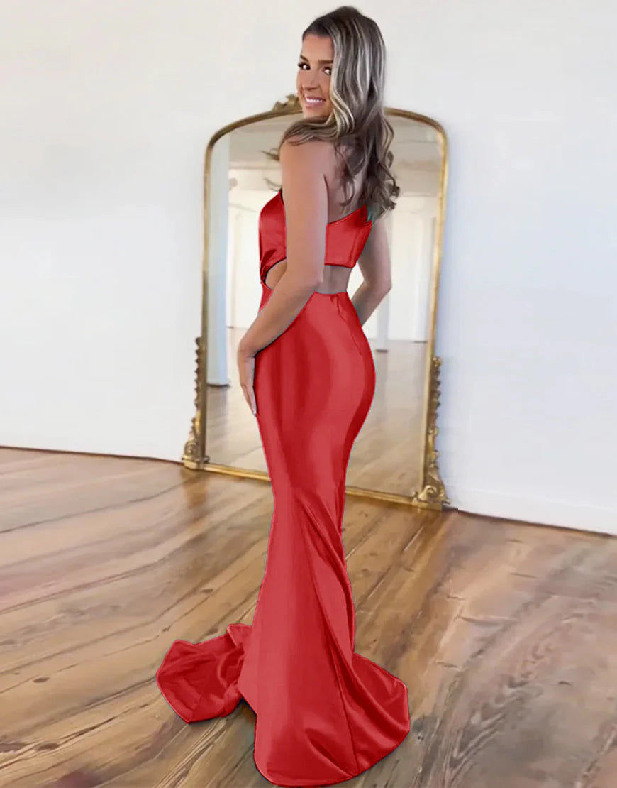 One Shoulder Cutout Waist Long Satin Mermaid Prom Dress With Beading