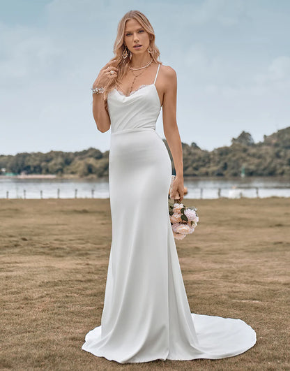 Mermaid Cowl Neck Simple Sweep Train Wedding Dress