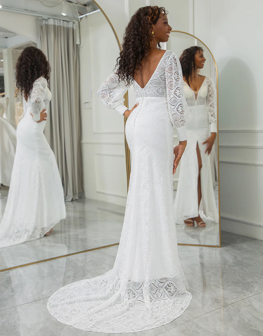 Mermaid Lace V-Neck Long Sleeve Wedding Dress With Slit