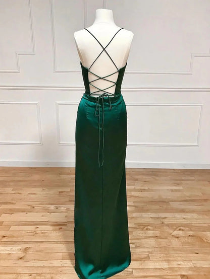 Dark Green Halter Corset Sheath Long Prom Dress With Slit