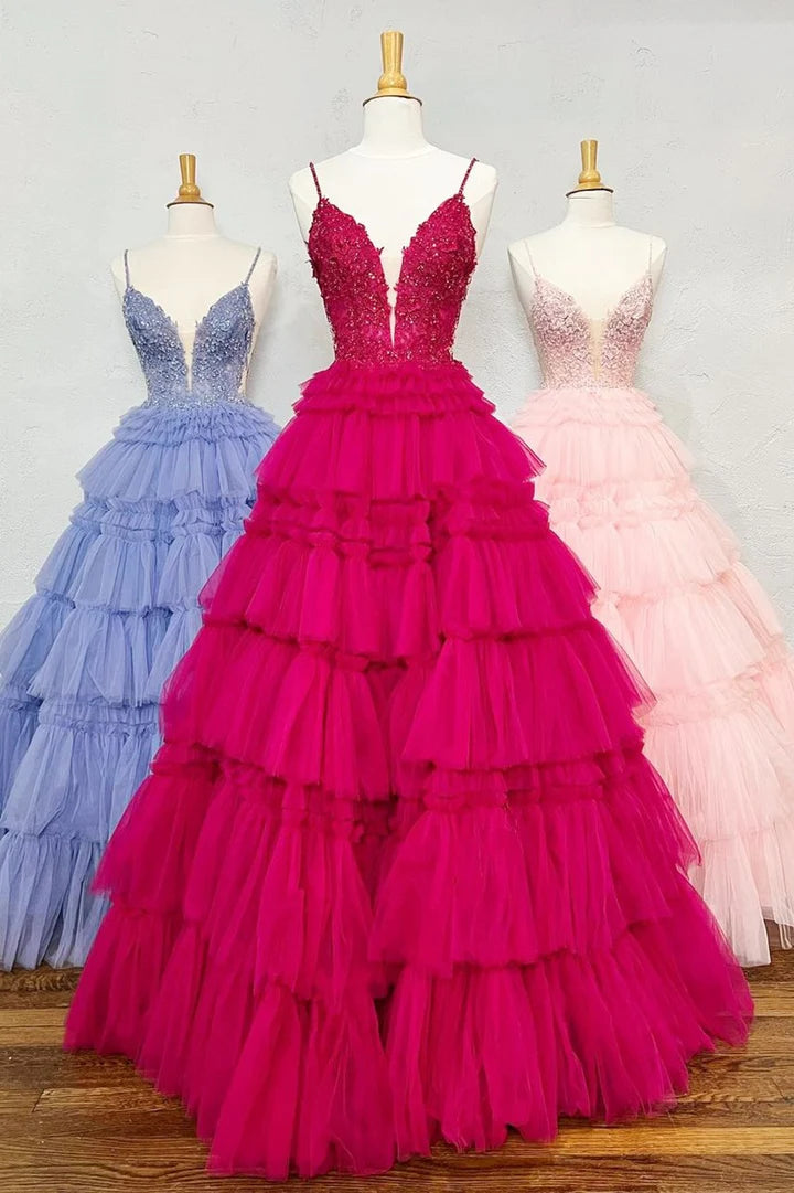 Beaded Spaghetti Strap Ruffle Tiered Ball Gown