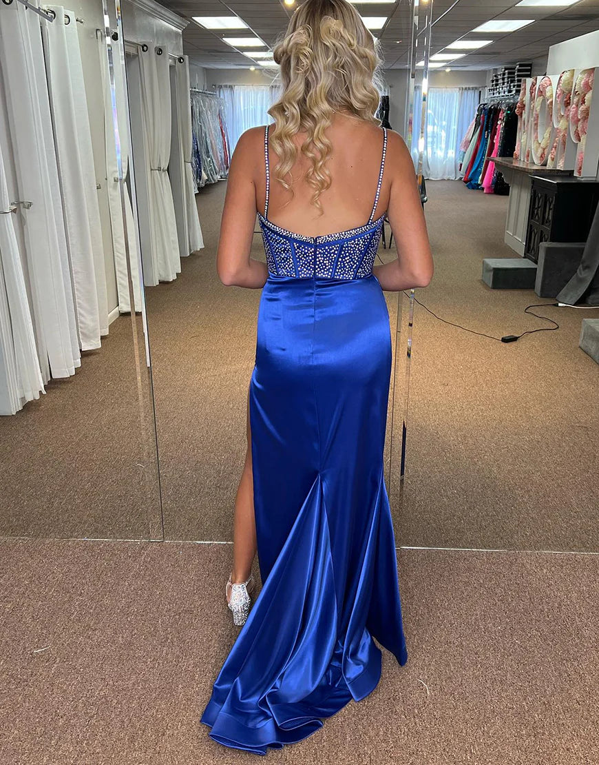 Mermaid Beading Corset Long Prom Dress With Slit