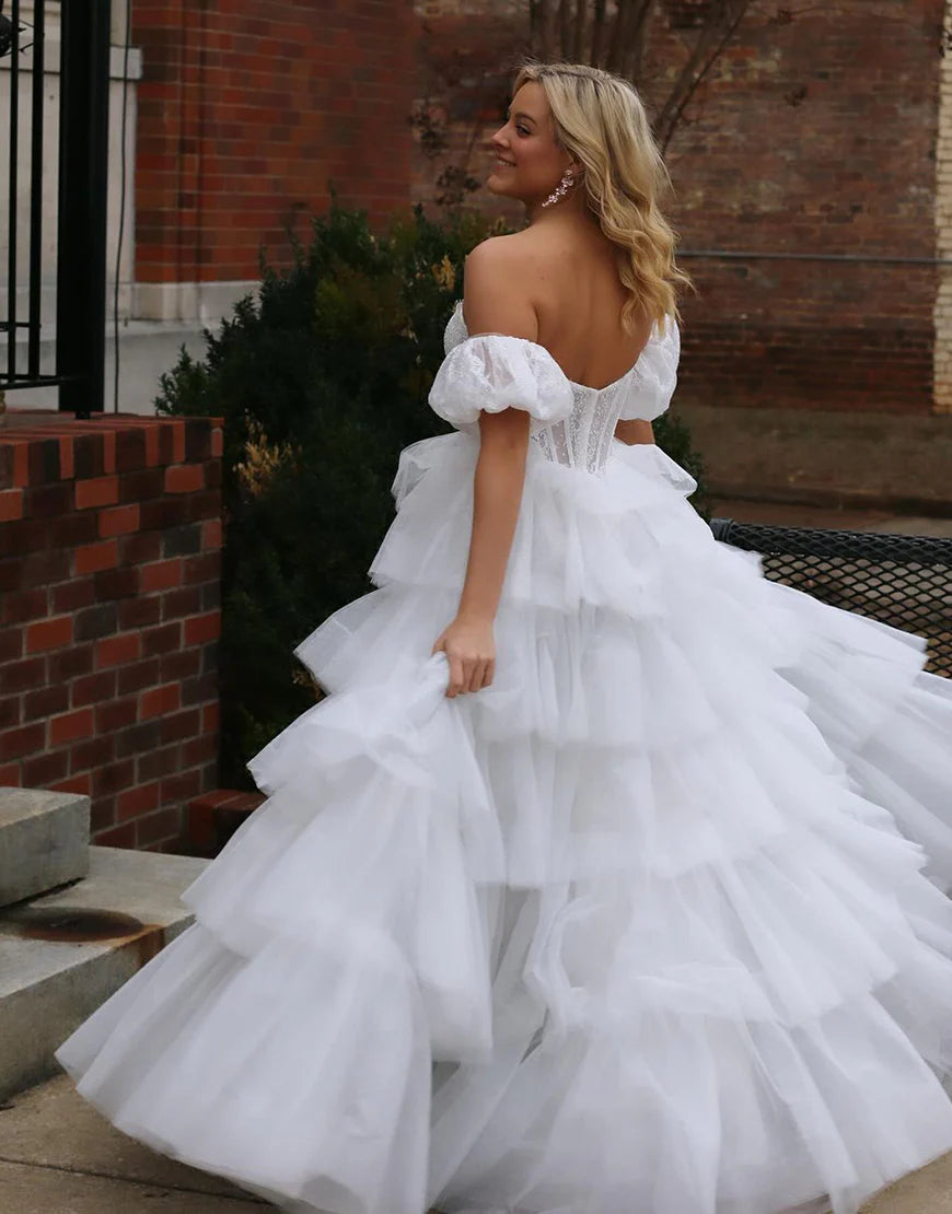 A Line Strapless Puffy Sleeves Tiered Prom Dress With Slit