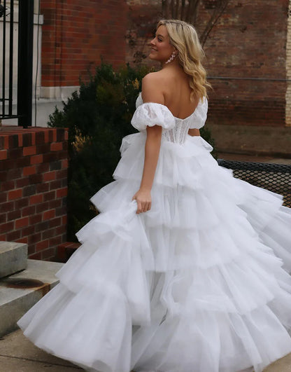 A Line Strapless Puffy Sleeves Tiered Prom Dress With Slit