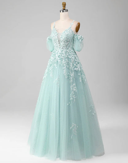 Mint A Line Tulle Prom Dress With Appliques