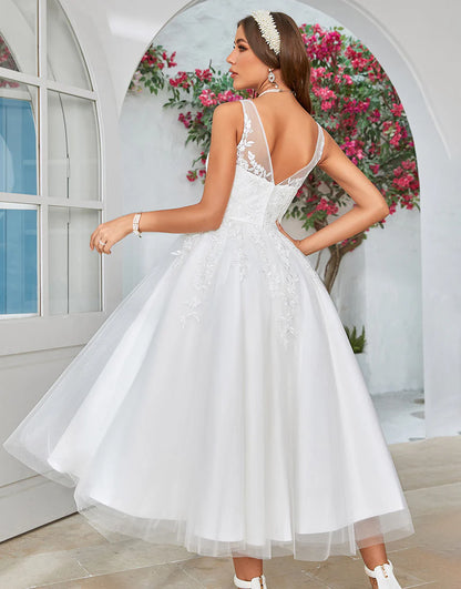 Mid-Calf Tulle Wedding Dress with Lace