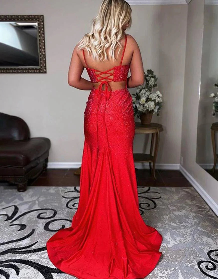 Sheath Beaded Long Side Slit Prom Dress