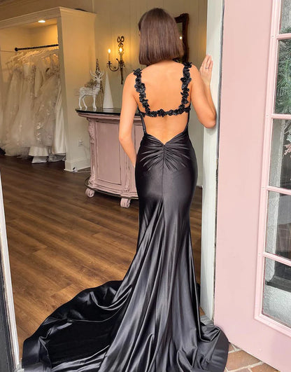 Mermaid Straps Floral Long Prom Dress With Slit