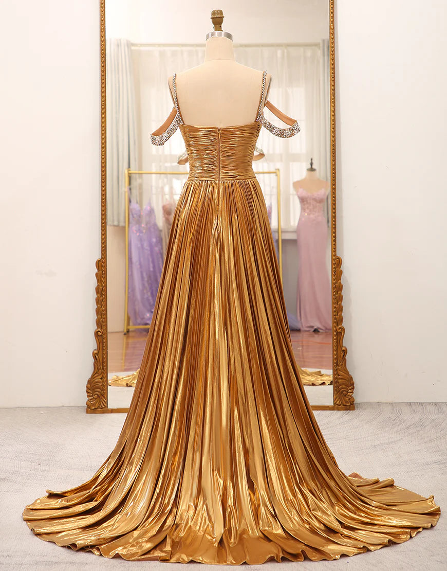 Stunning A Line Off the Shoulder Gold Long Prom Dress with Keyhole