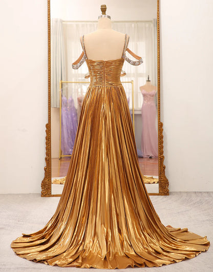 Stunning A Line Off the Shoulder Gold Long Prom Dress with Keyhole